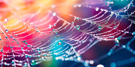 Morning dew on a spider's web of a spider web covered with dew in the morning under bright sunlight.の素材