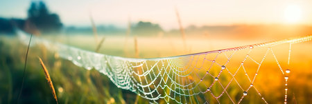 Morning dew on a spider's web of a spider web covered with dew in the morning under bright sunlight.の素材