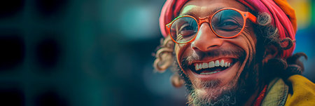 Happy man with a smile on his face. Happy man in hard timesの素材