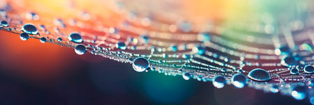 Morning dew on a spider's web of a spider web covered with dew in the morning under bright sunlight.の素材