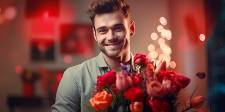 Romance and Valentine's Day, a man is excited before a date, with a bouquet on a studio backgroundの素材
