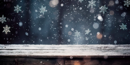 Abstract Snowy Christmas wooden background covered with snow.の素材