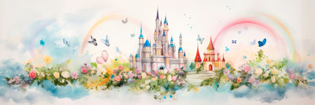watercolor castle with a whimsical fairy tale theme .Generative AIの素材