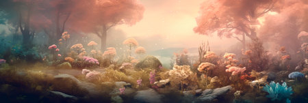 watercolor background that captures the mystical allure of an enchanted forest with soft, ethereal colors and delicate, nature-inspired motifs. Generative AIの素材