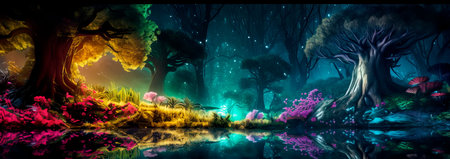 mystique of an enchanted forest with a gradient background transitioning from shadowy greens to vibrant, magical colors. Generative AIの素材