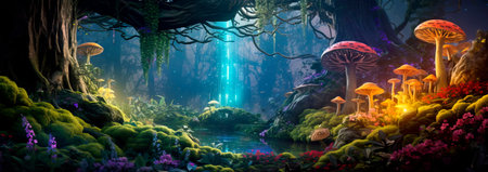 mystique of an enchanted forest with a gradient background transitioning from shadowy greens to vibrant, magical colors. Generative AIの素材