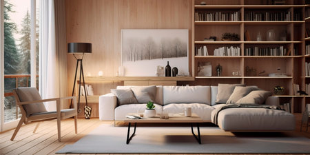 design principles with a minimalist and functional modern living room. Generative AIの素材