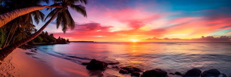 tropical paradise with a gradient backdrop featuring the vibrant colors of a beach at sunset. Generative AIの素材
