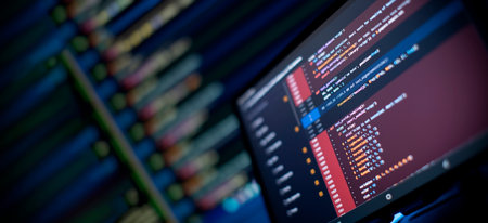 Monitor closeup of function source code. Abstract IT technology background.
