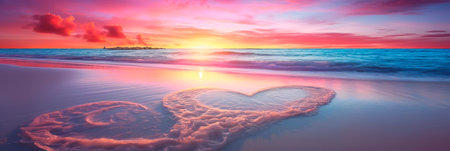 A sunset beach scene with footprints in the sand and a heart drawn in it. Generative AIの素材