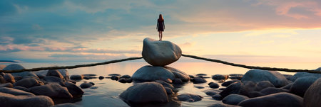 Balancing Act, An interpretation of the delicate balance required to maintain mental health and navigate the challenges of depression and loneliness. Generative AIの素材