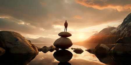 Balancing Act, An interpretation of the delicate balance required to maintain mental health and navigate the challenges of depression and loneliness. Generative AIの素材