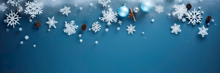 Minimalistic top view Christmas tree pieces, snowflake winter background with space. Generative AIの素材