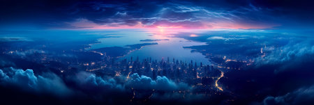 Earth as seen from space, where glowing city lights blend with celestial radiance and wisps of light clouds. Generative AIの素材