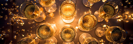 A New Year-themed background capturing a top view of champagne glasses. Generative AIの素材