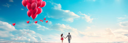 Depict a joyful moment with a couple releasing heart-shaped balloons into a clear blue sky, symbolizing their love taking flight. Generative AIの素材