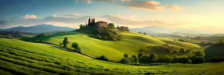 Rural landscapes with farms, rolling hills, and charming villages. Generative AIの素材