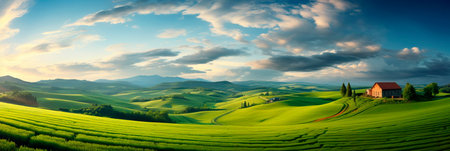 Rural landscapes with farms, rolling hills, and charming villages. Generative AIの素材