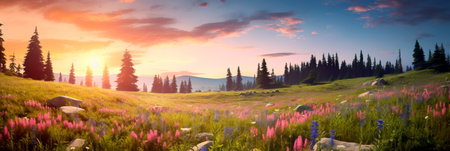 Idyllic meadows with wildflowers, soft grass, and a sense of openness. Generative AIの素材