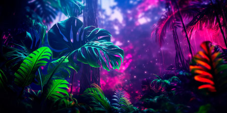Tropical Neon Symbiosis of the harmonious coexistence of neon lights and tropical leaves, Generative AIの素材