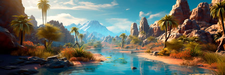 Peaceful scenes in arid deserts with oasis-like palm groves and refreshing water. Generative AIの素材