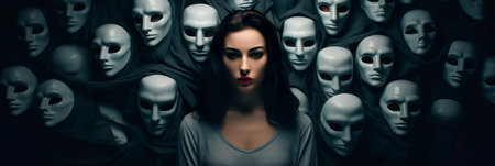 Masked Vulnerability: A concept that delves into the idea of masking one's vulnerability and true feelings in order to cope with mental health challenges. Generative AIの素材