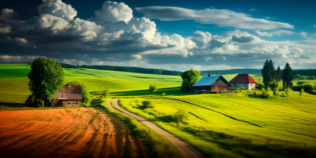 Rural landscapes with farms, rolling hills, and charming villages. Generative AIの素材