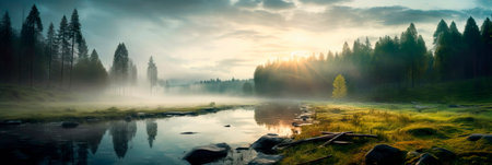 Peaceful scenes where landscapes are veiled in morning mist and fog. Generative AIの素材