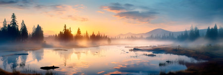 Peaceful scenes where landscapes are veiled in morning mist and fog. Generative AIの素材