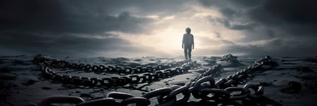 A concept that visualizes the feeling of being bound by invisible chains when grappling with depression and loneliness. Generative AIの素材
