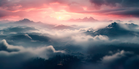 Peaceful scenes where landscapes are veiled in morning mist and fog. Generative AIの素材