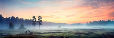 Peaceful scenes where landscapes are veiled in morning mist and fog. Generative AIの素材
