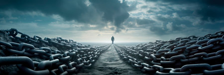 A concept that visualizes the feeling of being bound by invisible chains when grappling with depression and loneliness. Generative AIの素材