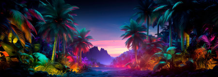 Neon Shadows of the Tropics play of light and shadows within a neon-lit tropical landscape . Generative AIの素材