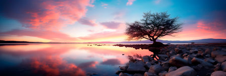 Tranquil landscapes featuring the soft colors and gentle light of a setting sun. Generative AIの素材