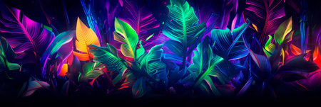 Tropical Neon Symbiosis of the harmonious coexistence of neon lights and tropical leaves, Generative AIの素材