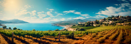 Serene landscapes in Mediterranean regions with vineyards, olive groves, and sea views. Generative AIの素材