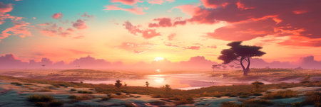 Tranquil landscapes featuring the soft colors and gentle light of a setting sun. Generative AIの素材