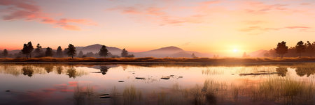 Tranquil landscapes featuring the soft colors and gentle light of a setting sun. Generative AIの素材