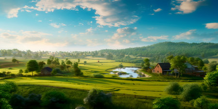 A countryside-themed background with a top view of a serene rural landscape, suitable for getaway destinations , Generative AIの素材