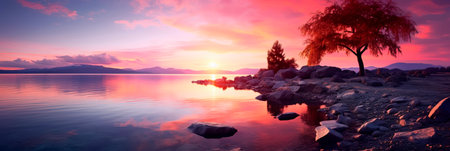 Tranquil landscapes featuring the soft colors and gentle light of a setting sun. Generative AIの素材