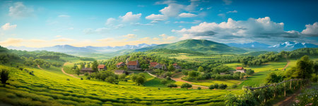 A countryside-themed background with a top view of a serene rural landscape, suitable for getaway destinations , Generative AIの素材