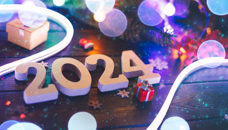 Merry Christmas 2024 background new year holidays card with brightの写真素材