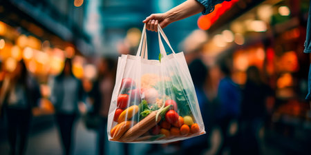 Buyer with a bag of groceries in his hands against the backdrop of a storeの素材