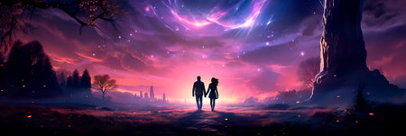 Evening background of lovers walking under the starry sky.の素材