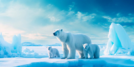 arctic ice and polar bears on the remains of glaciersの素材