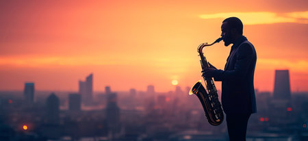 abstract sunset background with city silhouette and saxophoneの素材