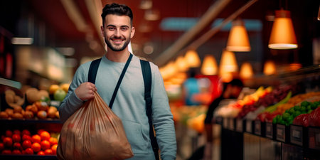 Buyer with a bag of groceries in his hands against the backdrop of a storeの素材