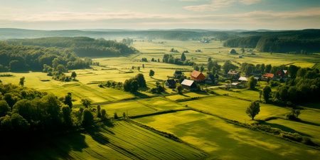 rural landscape from a bird's eye view with rural houses and fields.の素材