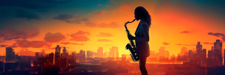 abstract sunset background with city silhouette and saxophoneの素材